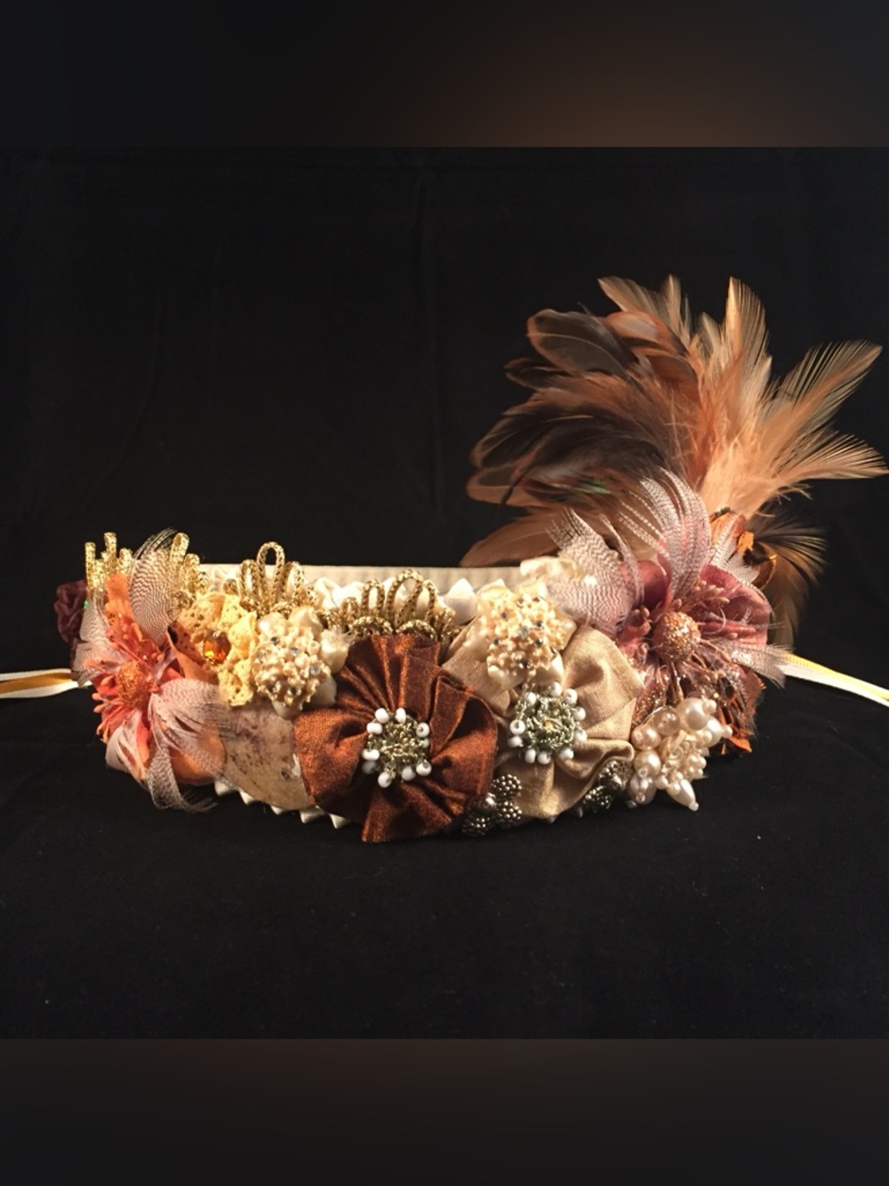Hand Crafted Festival Headwear Feathers Fabric Flowers Vintage Pearls Ribbon - Picture 3 of 4